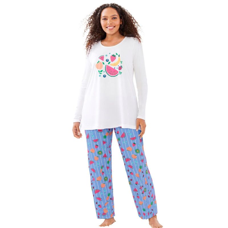 ドリームスアンドコー レディース アンダーウェア ナイトウェア プラスサイズ プチ ニット Dreams & Co. Plusize Petite Long Sleeve Knit PJ Set Multi Fruit マルチカラー