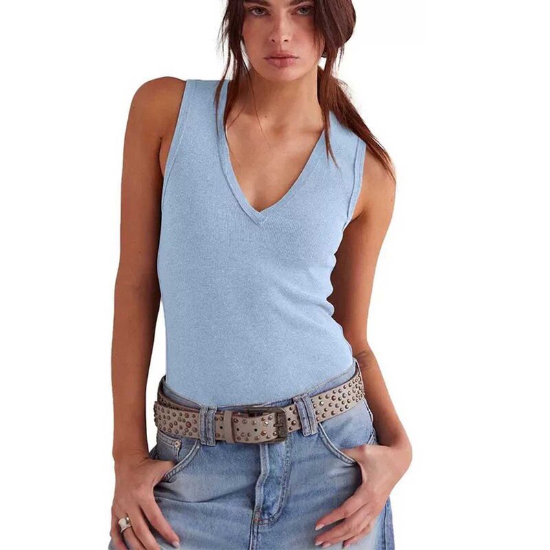 クリアフラワー レディース トップス シャツ Vネック リブ ベスト ノースリーブ ClearFlower Women's V-Neck Sleeveless Tank Top Soft Ribbed Casual Summer Vest for Daily & Casual Wear Light Blue ブルー