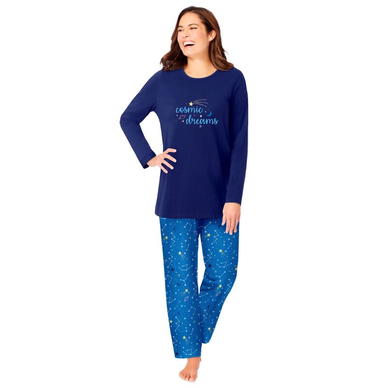 ドリームスアンドコー レディース アンダーウェア ナイトウェア プラスサイズ プチ ニット Dreams & Co. Plusize Petite Long Sleeve Knit PJ Set Pool Blue Cosmic ブルー
