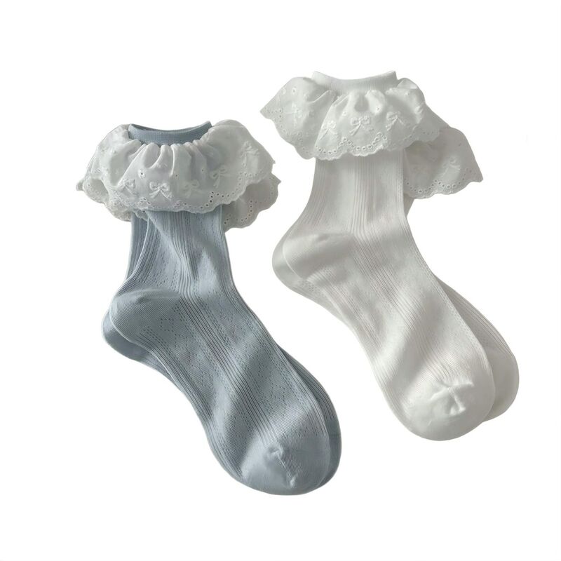 アンナカシ レディース アンダーウェア 靴下 レーストリム フリル レース Anna-Kaci 2-Pairuffle Lace Trim Crew Socks with Soft Stretch Fabric Decorativeyelet Detail andressy Multicolors マルチカラー