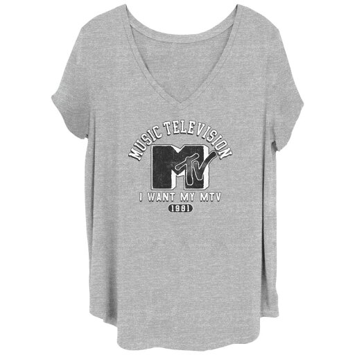 【送料無料】 ライセンス キャラクター レディース Tシャツ トップス Juniors' Plus MTV College 1981 MTV Logo V-Neck Graphic Tee Heather Gray 【送料無料】 ライセンス キャラクター レディース Tシャツ トップス Juniors' Plus MTV College 1981 MTV Logo V-Neck Graphic Tee Heather Gray