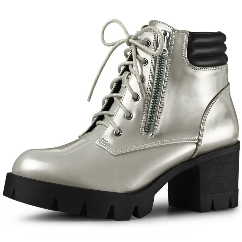 ブリスフルステップ レディース シューズ ブーツ・レインブーツ プラットフォーム アンクル レース ヒール BLISSFUL STEPlatform Ankle Boots Lace Up Chunky Heel Combat Boots for Women Silver シルバー