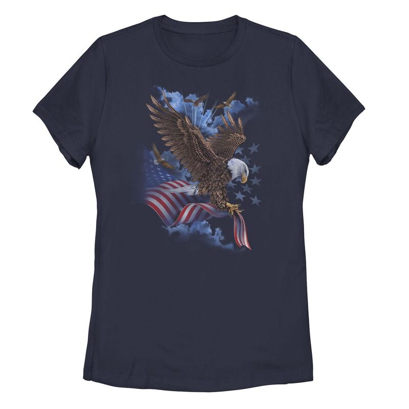 【送料無料】 アンブランデッド レディース Tシャツ トップス Juniors' Flying Eagles with American Flag Tee Navy