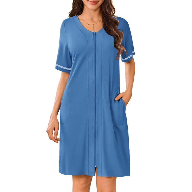 エコアー レディース アンダーウェア ナイトウェア コート Ekouaer Womens Zipperobeshort Sleeves Housecoat Bathrobes Zip Up Robe Nightgown with Pockets Dark Blue ブルー