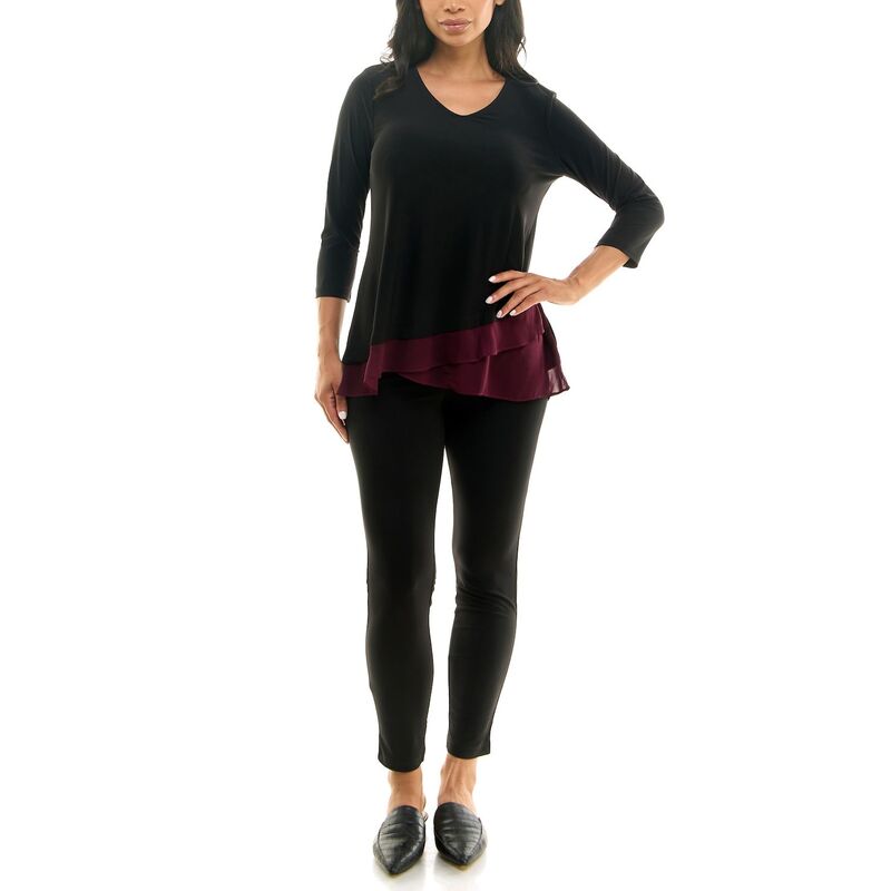 【送料無料】 ニナレオナルド レディース ワンピース トップス Women's Nina Leonard Colorblock Chiffon Tunic & Slim Cut Pant Set Black Deep Wine