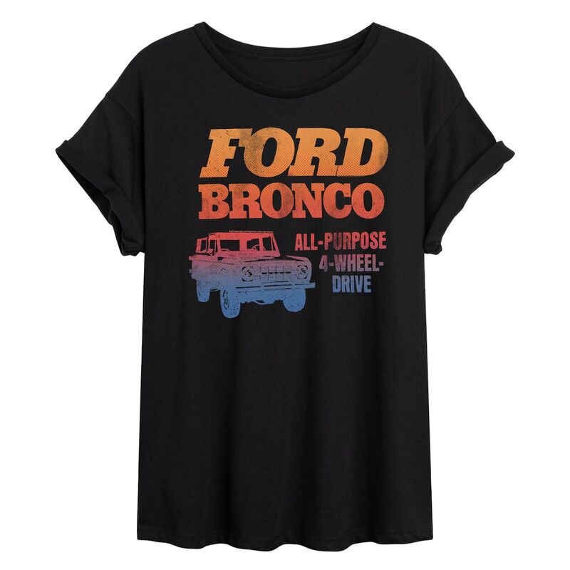 【送料無料】 ライセンス キャラクター レディース Tシャツ トップス Juniors' Ford Bronco 4 Wheel Drive Flowy Tee Black