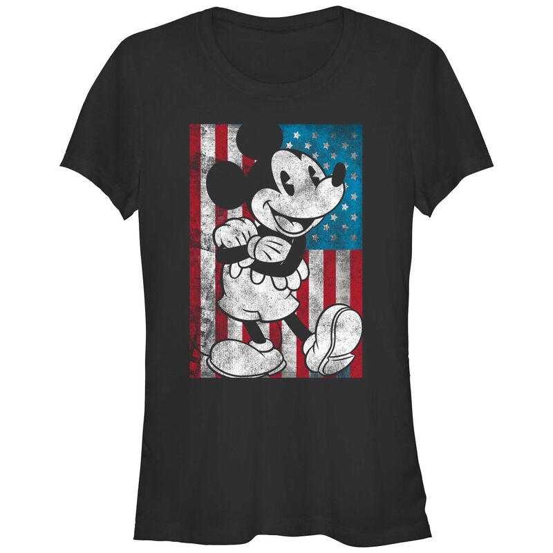 【送料無料】 ディズニー レディース Tシャツ トップス Disney's Mickey Mouse Juniors' USA Distressed Style Graphic Tee Black