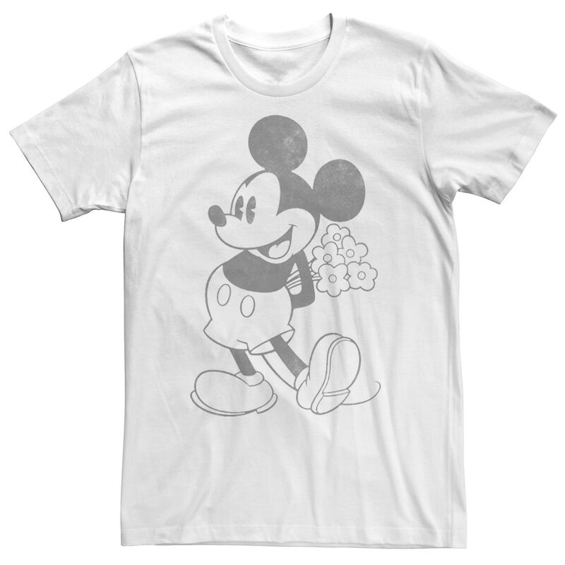 【送料無料】 ライセンス キャラクター メンズ Tシャツ トップス Disney's Mickey Mouse Men's Holding Flowers Vintage Portrait Tee White