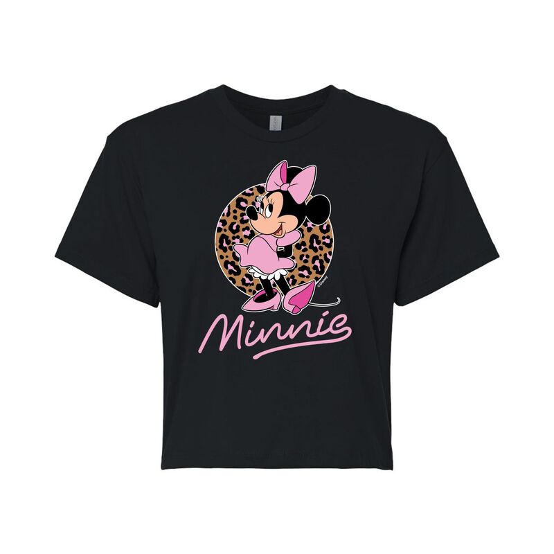 【送料無料】 ライセンス キャラクター レディース Tシャツ トップス Disney's Mickey Mouse & Friends Juniors' Minnie Mouse Leopard Cropped Graphic Tee Blackのサムネイル