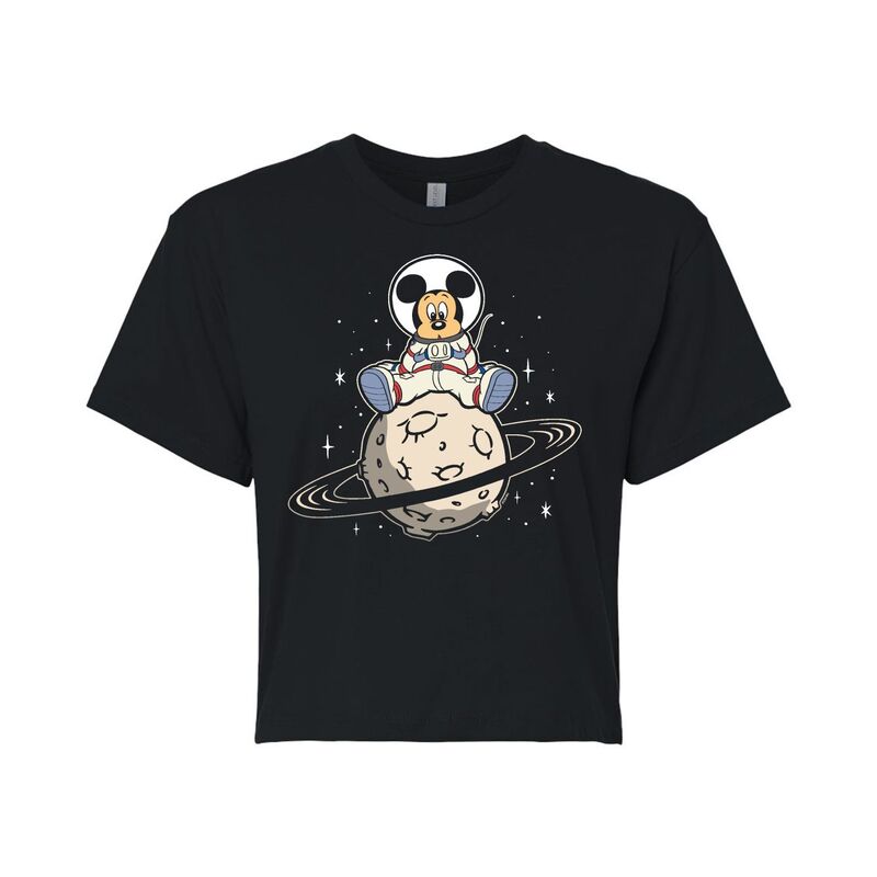 【送料無料】 ライセンス キャラクター レディース Tシャツ トップス Disney's Mickey Mouse & Friends Juniors' Mickey Space Cropped Graphic Tee Black