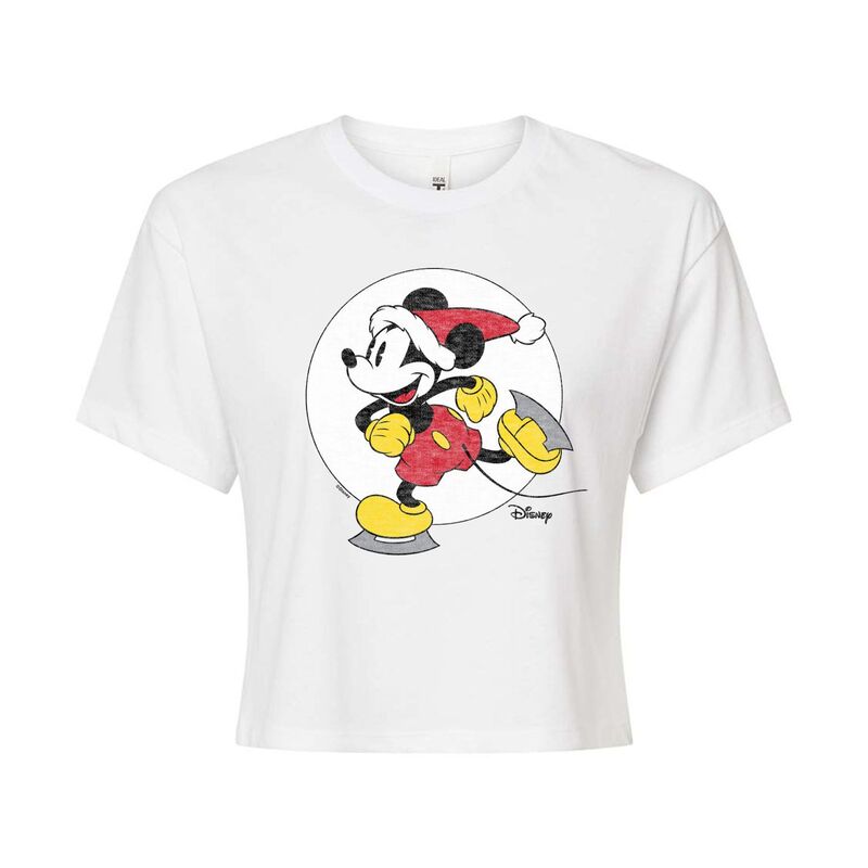 【送料無料】 ライセンス キャラクター レディース Tシャツ トップス Disney's Mickey Mouse Juniors' Christmas Skating Cropped Tee Whiteのサムネイル