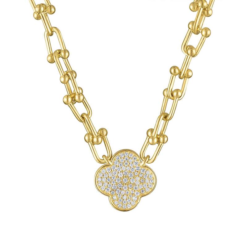 【送料無料】 Designs by Gioelli レディース ネックレス・チョーカー・ペンダントトップ アクセサリー Designs by Gioelli 14k Gold over Sterling Silver Lab-Created White Sapphire Clover U-Link Necklace Gold Tone