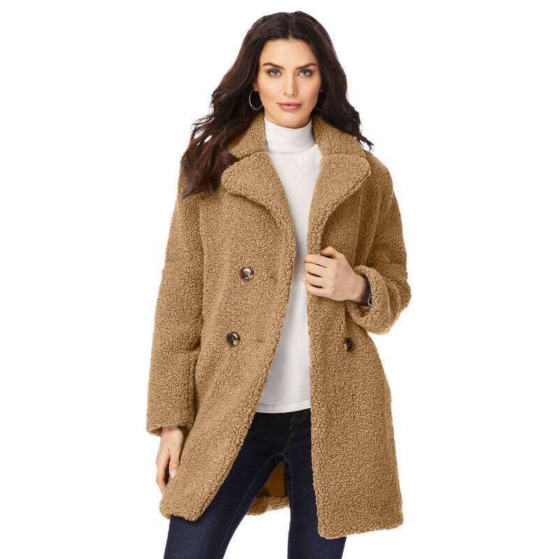 【送料無料】 ロアマンズ レディース ジャケット・ブルゾン アウター Roaman's Women's Plus Size Double-breasted Teddy Coat Soft Camel