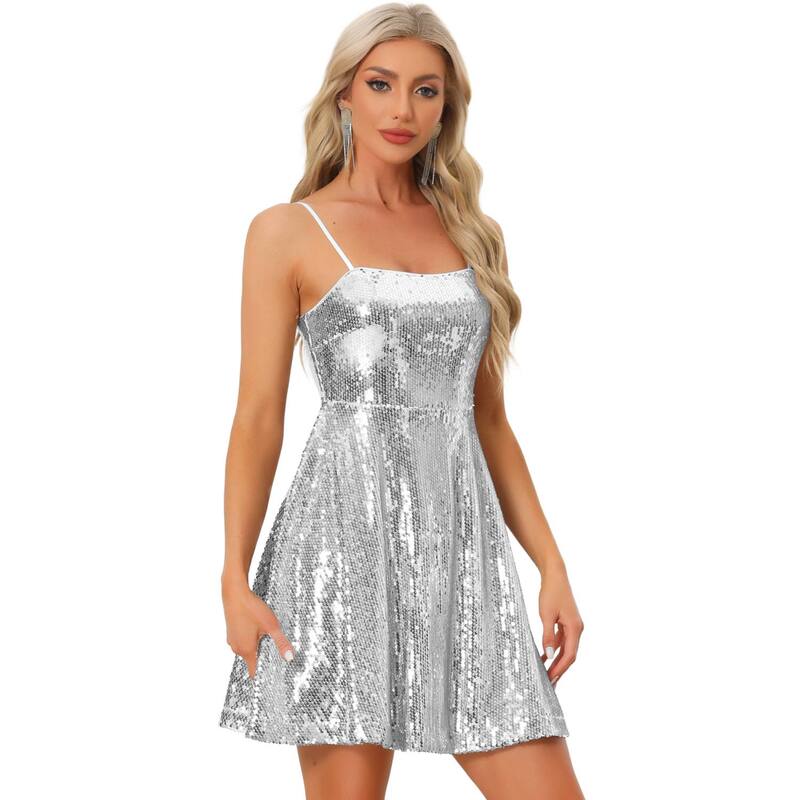 【送料無料】 アレグラ ケー レディース ワンピース トップス Women's Adjustable Spaghetti Straps Party Glitter Sparkle Sequin Dress Silverのサムネイル