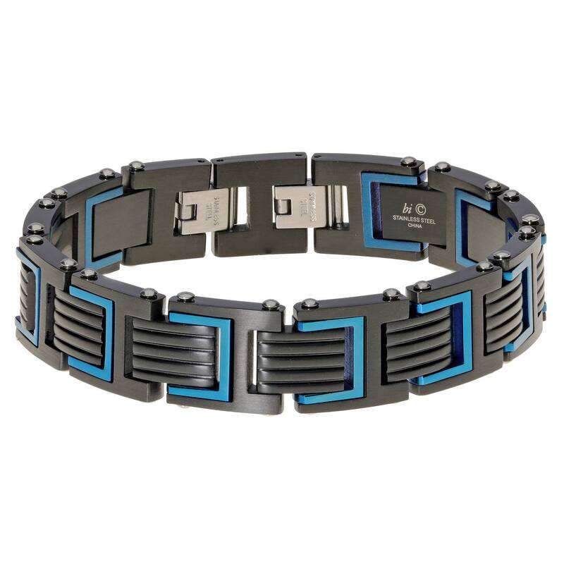 【送料無料】 リンクス メンズ ブレスレット・バングル・アンクレット アクセサリー Men's LYNX Black & Blue Ion-Plated Stainless Steel Ribbed Link Bracelet Two Tone