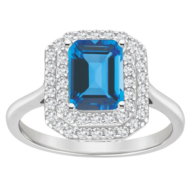 【送料無料】 Celebration Gems レディース リング アクセサリー Celebration Gems Sterling Silver Emerald-Cut Swiss Blue Topaz & White Topaz Double Halo Ring Sterling Silver