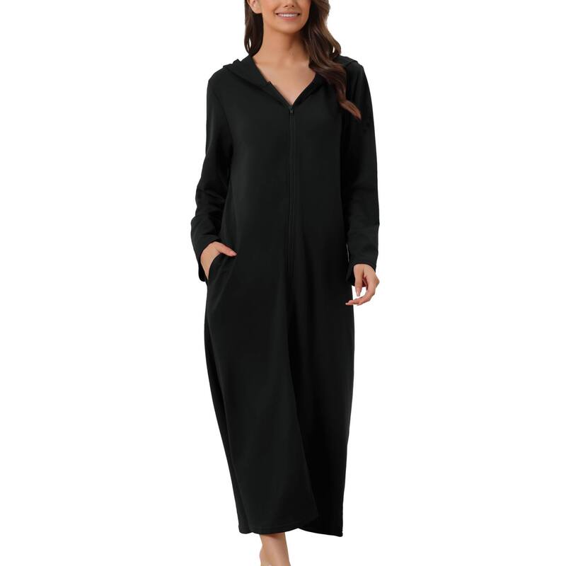 【送料無料】 cheibear レディース ナイトウェア アンダーウェア Womens Hoodie Zip Up Closure Pajama Nightshirt Long Sleeve Robe Loungewear Black