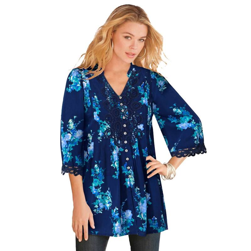 ロアマンズ レディース トップス Tシャツ プラスサイズ レース Roaman's Women's Plusize Juliet Lace Big Shirt Navy Watercolor ネイビー(4)