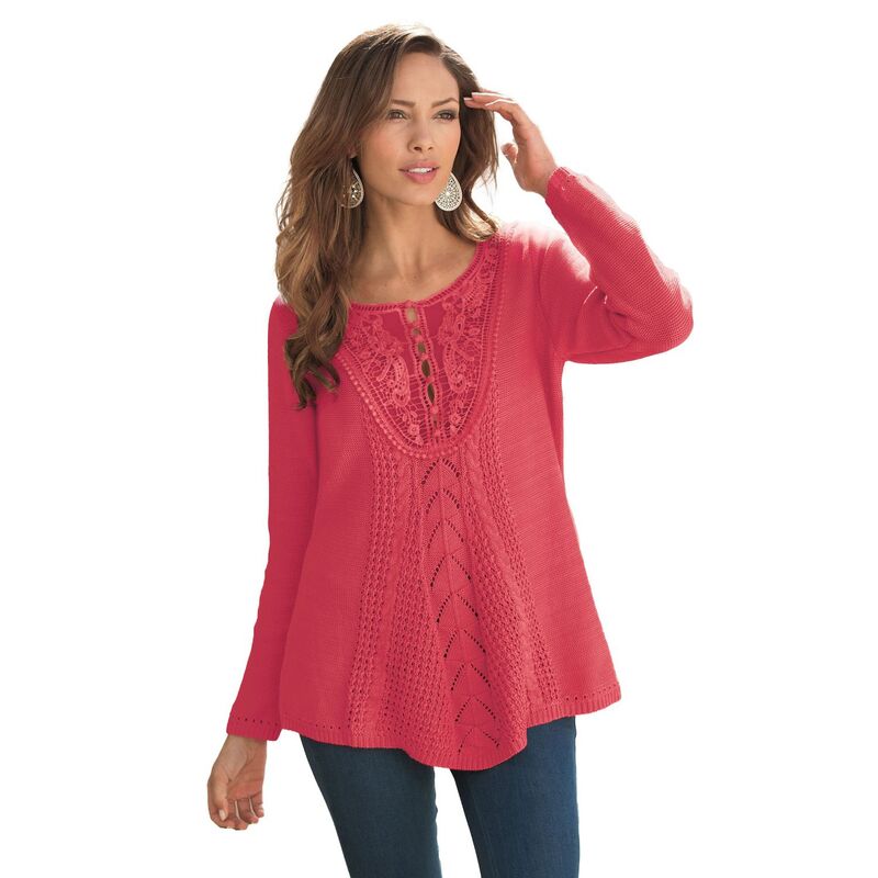 【送料無料】 ロアマンズ レディース ニット・セーター アウター Roaman's Women's Plus Size Lace Yoke Pullover Antique Strawberry