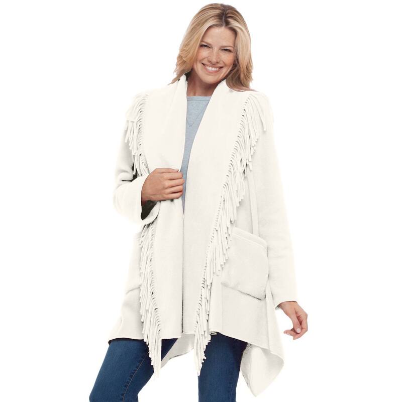 【送料無料】 ウーマン ウィズイン レディース ジャケット・ブルゾン アウター Woman Within Women's Plus Size Fringed Shawl Collar Fleece Jacket Ivory