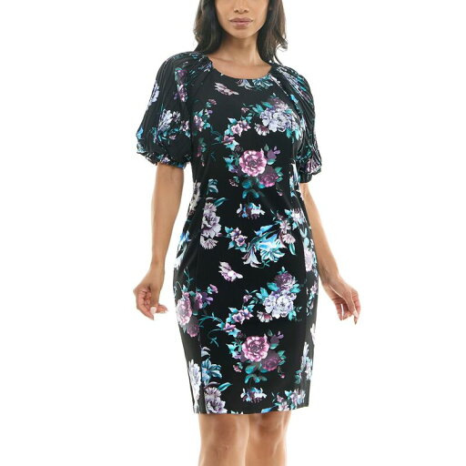 【送料無料】 ニナレオナルド レディース ワンピース トップス Women's Nina Leonard Pleat Puff Sleeve Dress Black Lavender Multi 【送料無料】 ニナレオナルド レディース ワンピース トップス Women's Nina Leonard Pleat Puff Sleeve Dress Black Lavender Multi