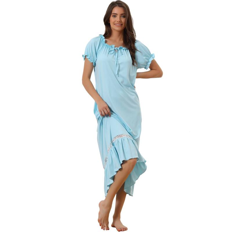 【送料無料】 cheibear レディース ナイトウェア アンダーウェア Women's Victorian Ruffle Short Sleeve Tie Neck Pajama Sleep Dress Blueのサムネイル