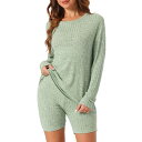 【送料無料】 cheibear レディース ナイトウェア アンダーウェア Womens Pajamas 2 Piece Sets Ribbed Knit Outfits Long Sleeved Top With Slim Biker Shorts Lounge Set Green(4)