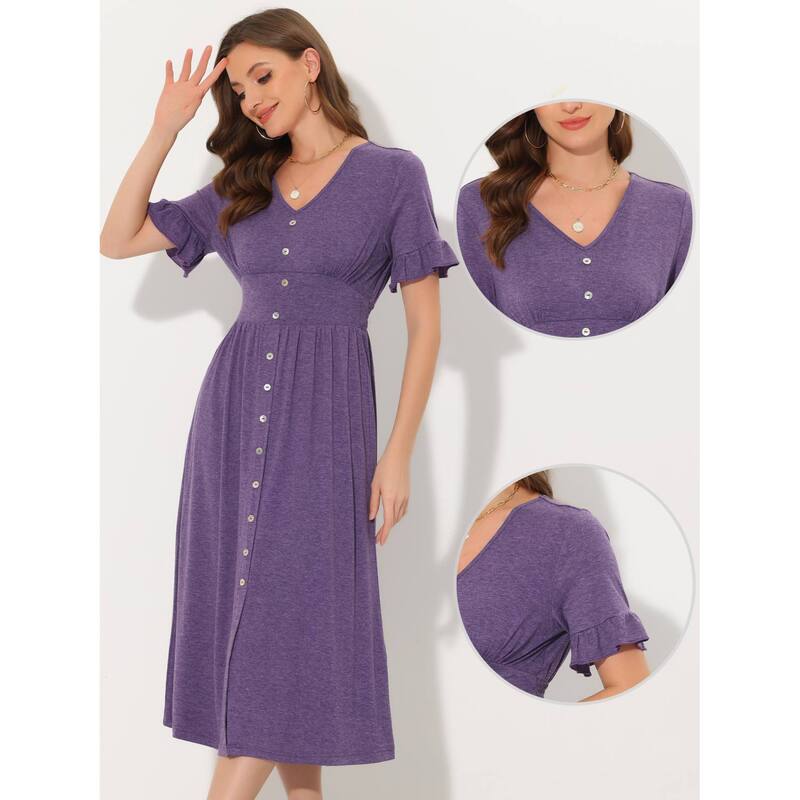 【送料無料】 アレグラ ケー レディース ワンピース トップス Women's Summer Casual Dress V Neck Button Flutter Sleeve Smocked High Waist Midi Dress Fuchsia