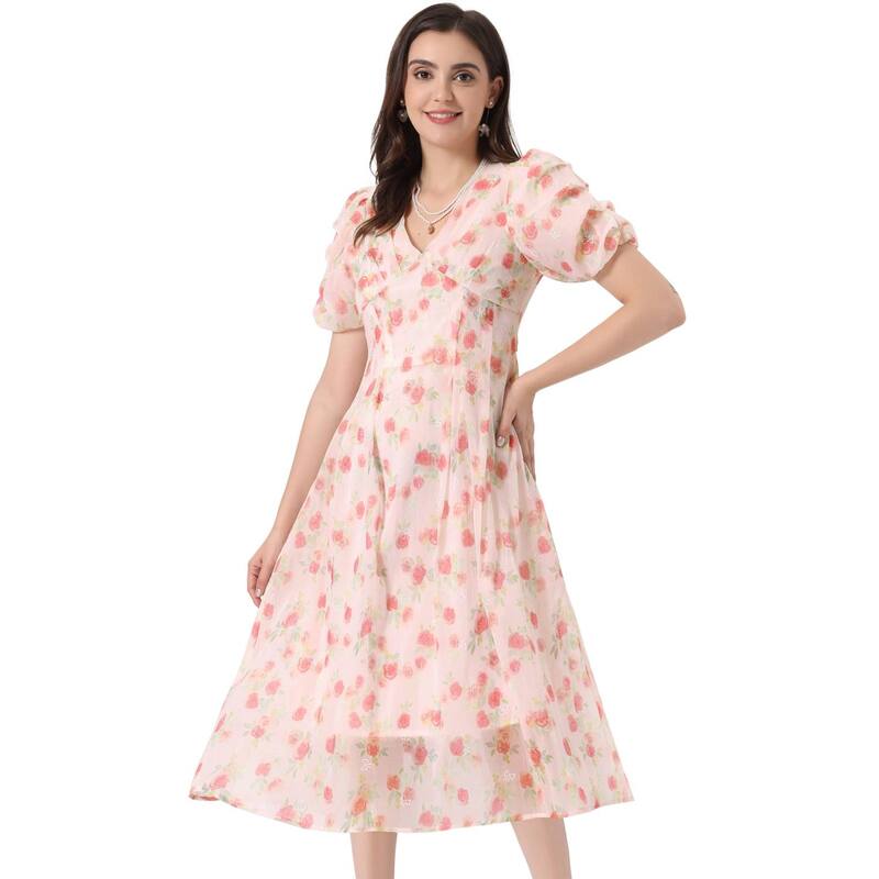 【送料無料】 アレグラ ケー レディース ワンピース トップス Floral Print Dress For Women 2024 Short Sleeve Cinched Waist Long Dresses Pink