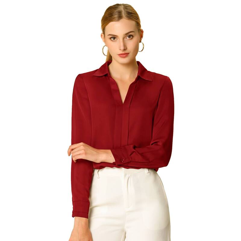 【送料無料】 アレグラ ケー レディース シャツ トップス Women's Elegant Solid V Neck Smooth Satin Long Sleeve Blouse Red