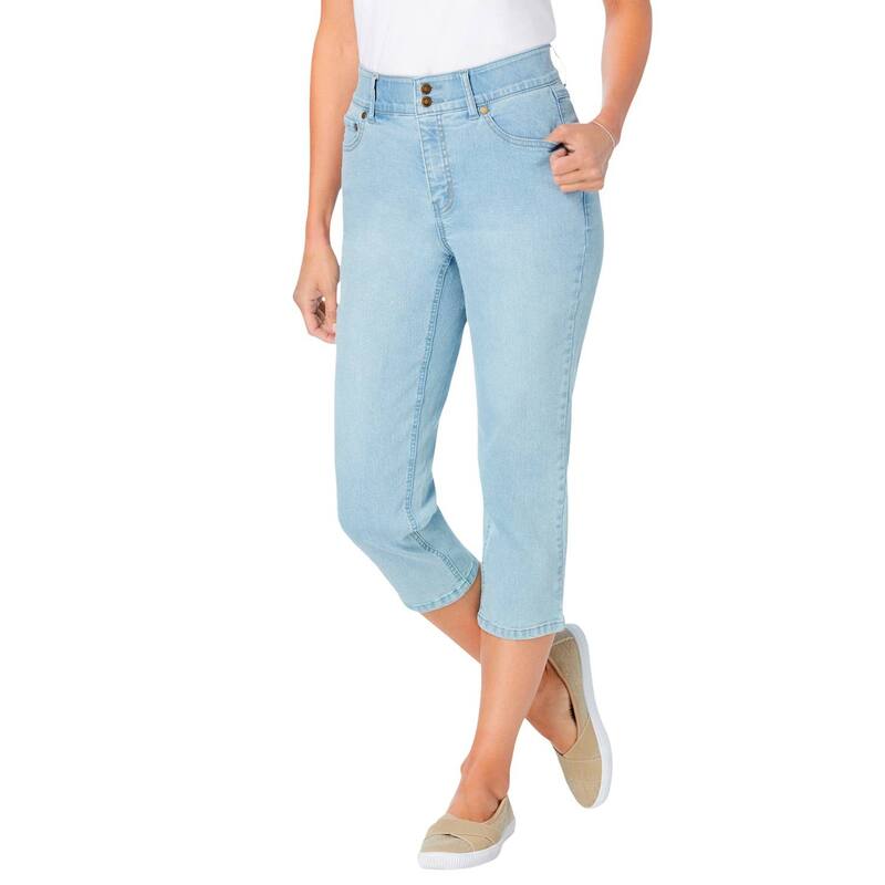 【送料無料】 ウーマン ウィズイン レディース カジュアルパンツ ボトムス Woman Within Women's Plus Size Petite Secret Solutions Tummy Smoothing Capri Jean Light Wash Sanded