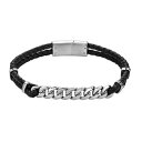 【送料無料】 リンクス メンズ ブレスレット・バングル・アンクレット アクセサリー Men's LYNX Stainless Steel Link & Braided Black Leather Bracelet Stainless