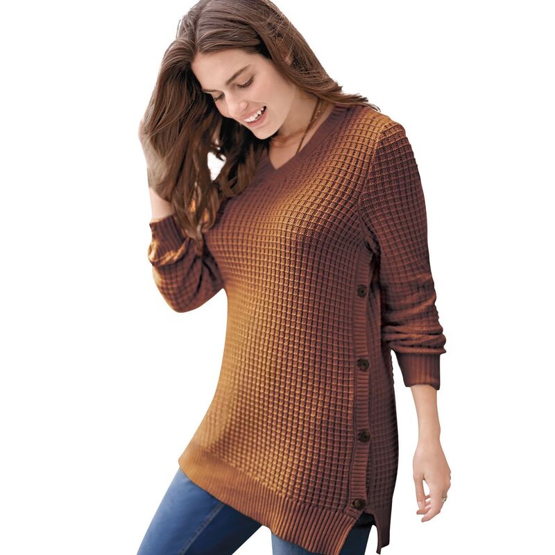 【送料無料】 ウーマン ウィズイン レディース ニット・セーター アウター Woman Within Women's Plus Size Side Button V-neck Waffle Knit Sweater Antique Copper