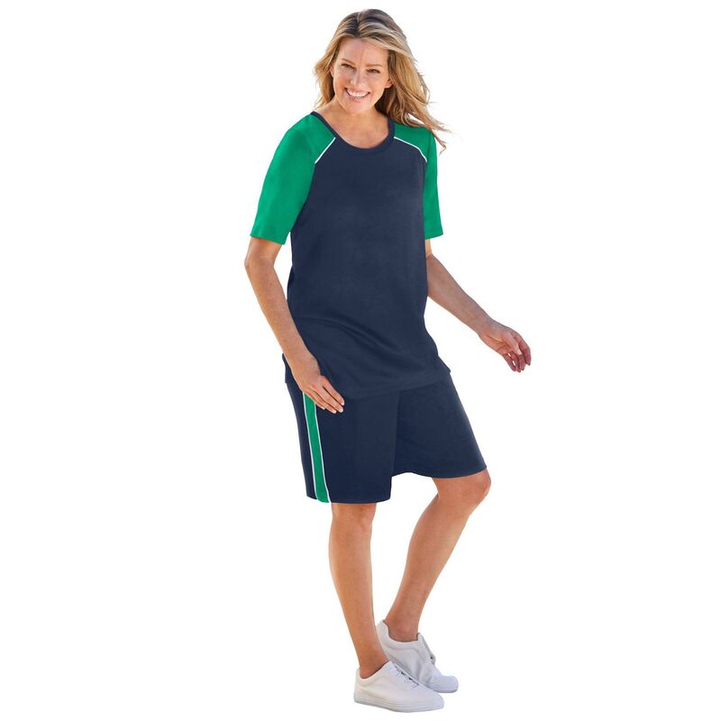 【送料無料】 ウーマン ウィズイン レディース Tシャツ トップス Woman Within Women's Plus Size 2-piece Short-sleeve Set Navy Tropical Emerald