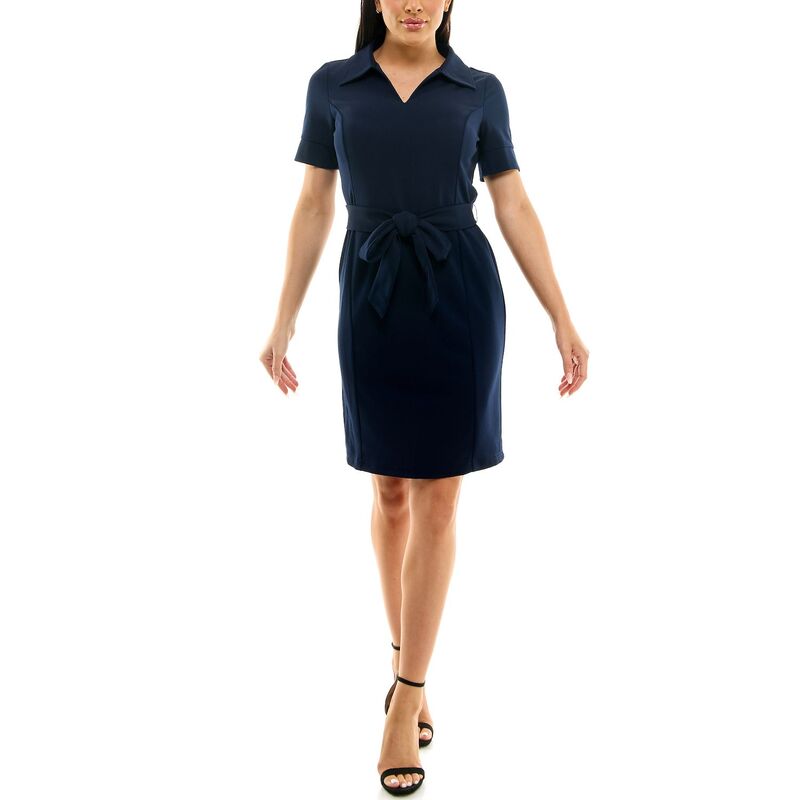 【送料無料】 ニナレオナルド レディース ワンピース トップス Women's Nina Leonard Self-Sash Collar Dress Navy