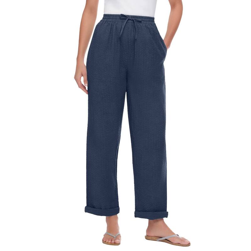 【送料無料】 ウーマン ウィズイン レディース カジュアルパンツ ボトムス Woman Within Women's Plus Size Petite Seersucker Pant Navy