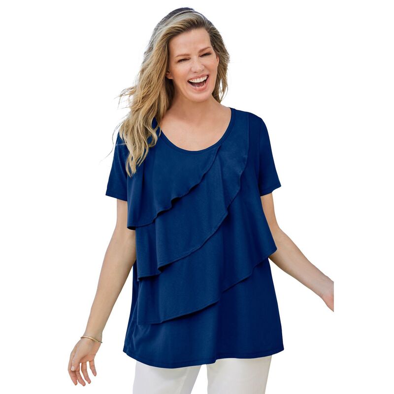 【送料無料】 ウーマン ウィズイン レディース Tシャツ トップス Woman Within Women's Plus Size Ruffle Tee Evening Blue