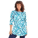 【送料無料】 ロアマンズ レディース Tシャツ トップス Roaman's Boatneck Ultimate Tunic With Side Slits Teal Watercolor Leaves