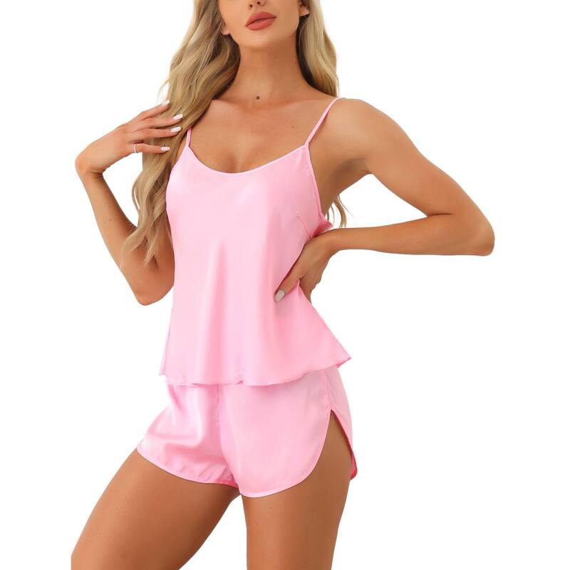 【送料無料】 cheibear レディース ナイトウェア アンダーウェア Womens Silky Satin Pajamas Sets Cami Shorts Sets Sleepwear 2 Piece Pink