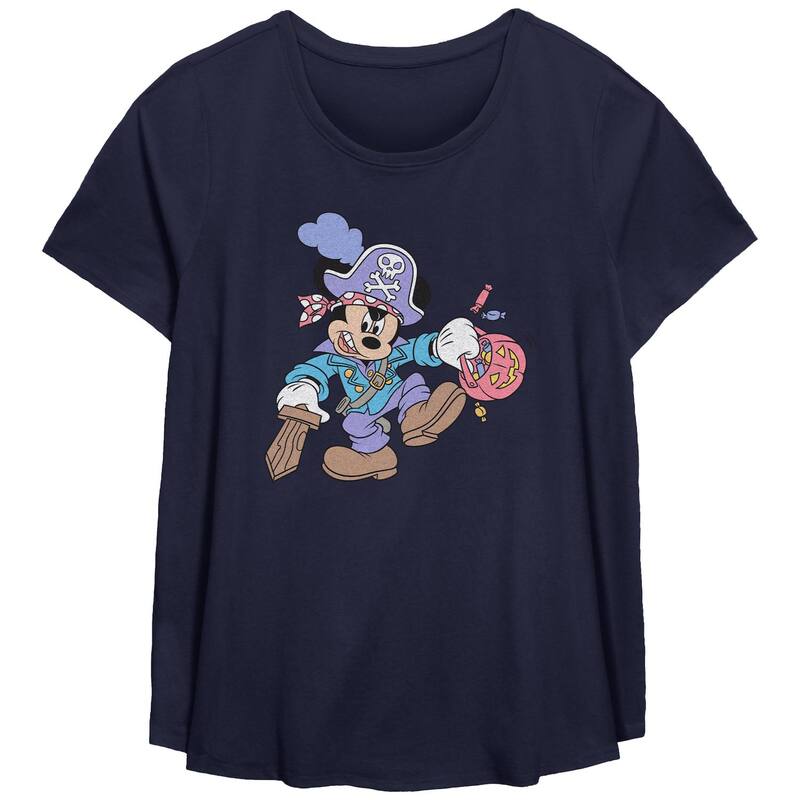 【送料無料】 ディズニー レディース Tシャツ トップス Disney's Mickey Mouse Pirate Trick Or Treater Plus Size Flowy Graphic Tee Navy