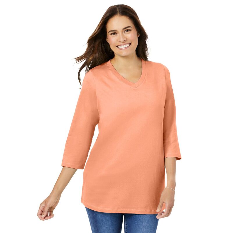 【送料無料】 ウーマン ウィズイン レディース Tシャツ トップス Woman Within Perfect Three-quarter Sleeve V-neck Tee Orange Melon