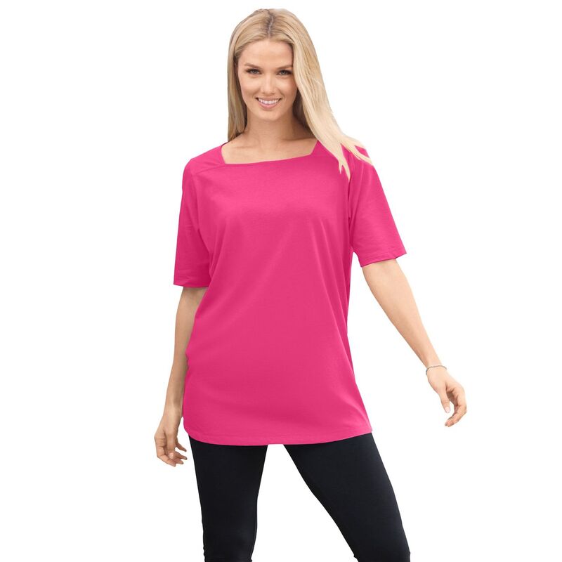 【送料無料】 ウーマン ウィズイン レディース Tシャツ トップス Woman Within Women's Plus Size Perfect Elbow-sleeve Square-neck Tee Raspberry Sorbet