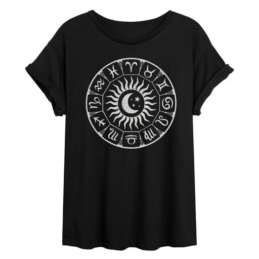 【送料無料】 ライセンス キャラクター レディース Tシャツ トップス Juniors' Zodiac Circle Flowy Graphic Tee Black 【送料無料】 ライセンス キャラクター レディース Tシャツ トップス Juniors' Zodiac Circle Flowy Graphic Tee Black