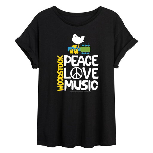 【送料無料】 ライセンス キャラクター レディース Tシャツ トップス Juniors' Woodstock Peace Love Music Flowy Tee Black 【送料無料】 ライセンス キャラクター レディース Tシャツ トップス Juniors' Woodstock Peace Love Music Flowy Tee Black