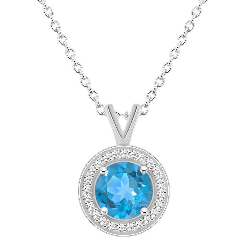 【送料無料】 Celebration Gems レディース ネックレス・チョーカー・ペンダントトップ アクセサリー Celebration Gems Sterling Silver Round Gemstone & 1/8 Carat T.W. Diamond Halo Pendant Necklace Blue Topaz