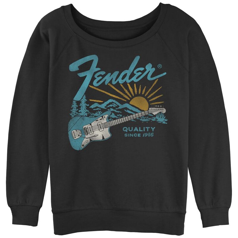【送料無料】 ライセンス キャラクター レディース Tシャツ トップス Juniors' Fender Guitar Sunset Slouchy Terry Graphic Pullover Black