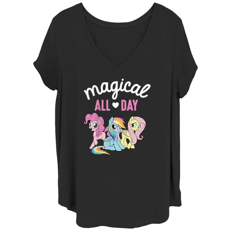 【送料無料】 ライセンス キャラクター レディース Tシャツ トップス Juniors' Plus Size My Little Pony Magical All Day V-Neck Graphic Tee Black