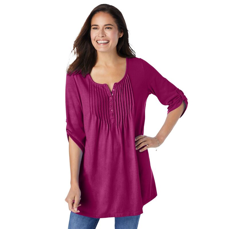 【送料無料】 ウーマン ウィズイン レディース Tシャツ トップス Woman Within Women's Plus Size 7-day Three-quarter Sleeve Pintucked Henley Tunic Raspberry