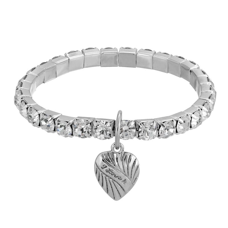 【送料無料】 1928 レディース ブレスレット・バングル・アンクレット アクセサリー 1928 Silver-Tone Crystal Heart Charm Stretch Bracelet Silver Tone