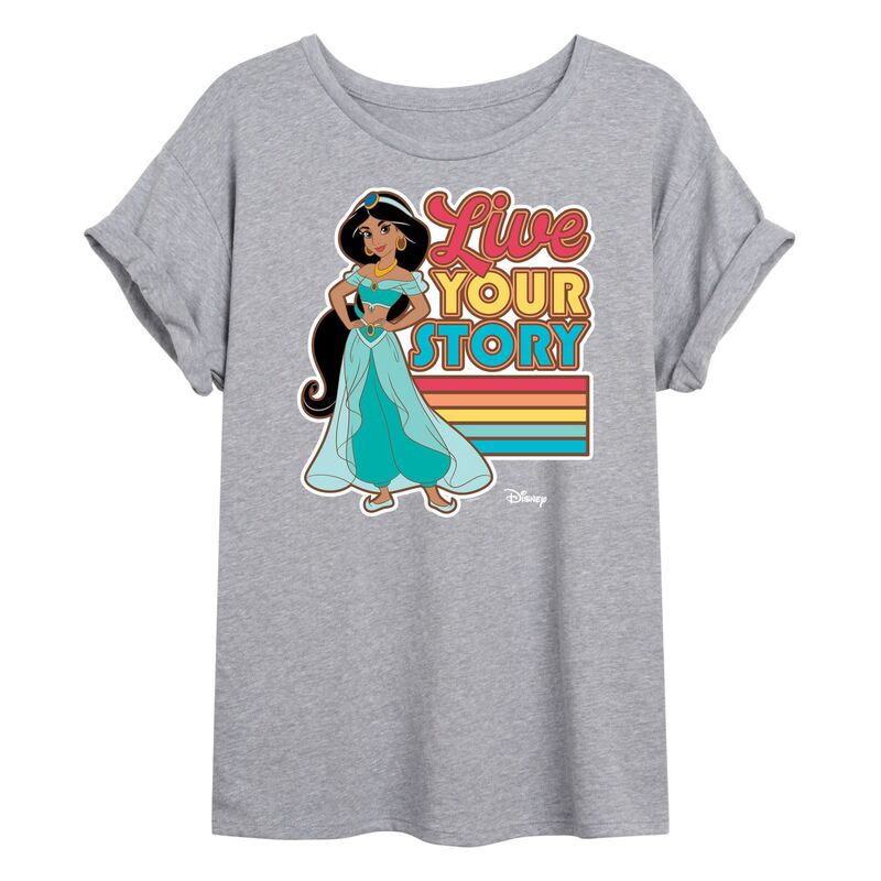 【送料無料】 ディズニー レディース Tシャツ トップス Disney Princess Jasmine Juniors' Live Your Story Flowy Tee Gray